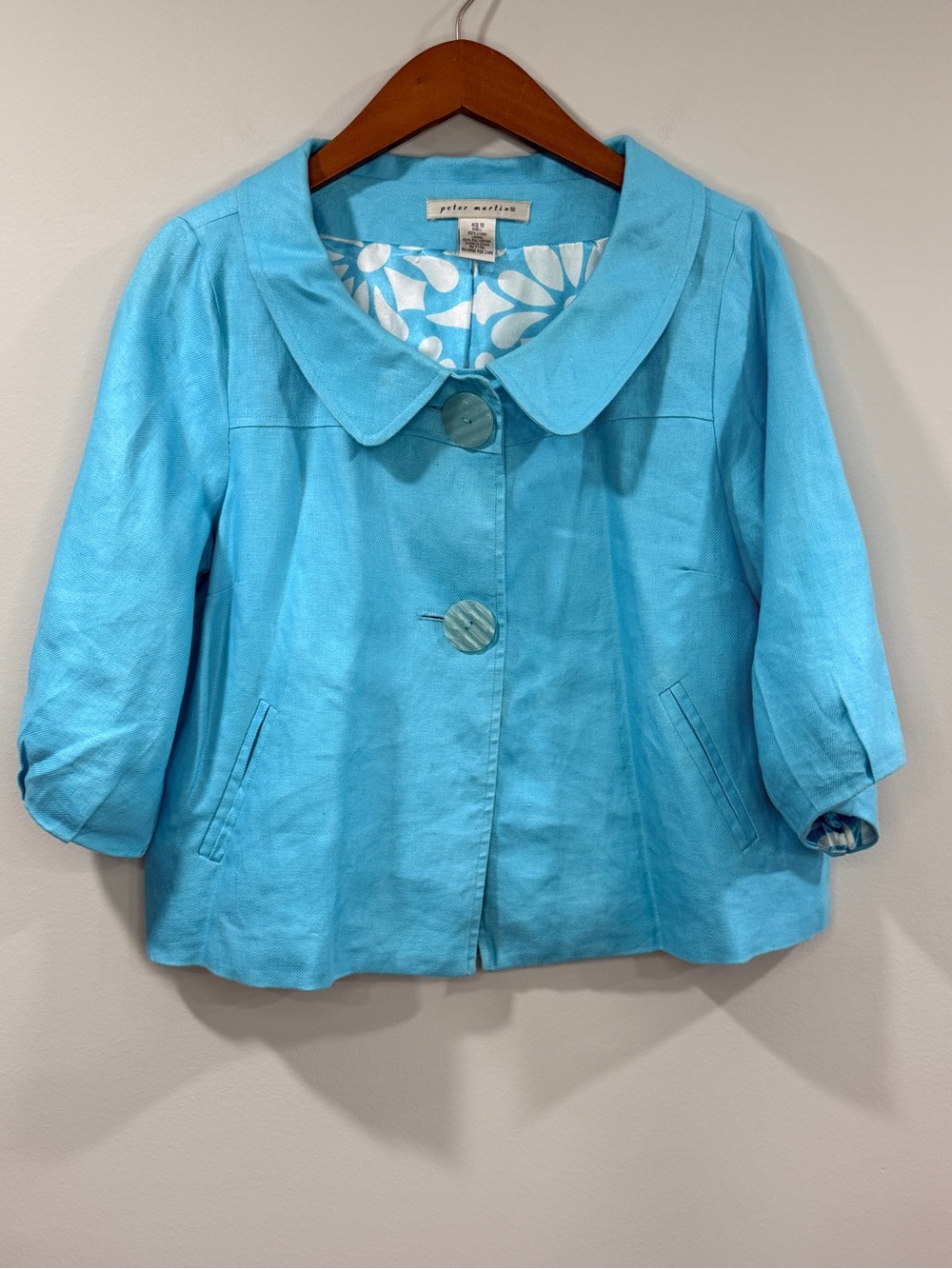 Peter Martin Womens Peter Pan Collar Cropped Turquoise Linen Jacket Size 10